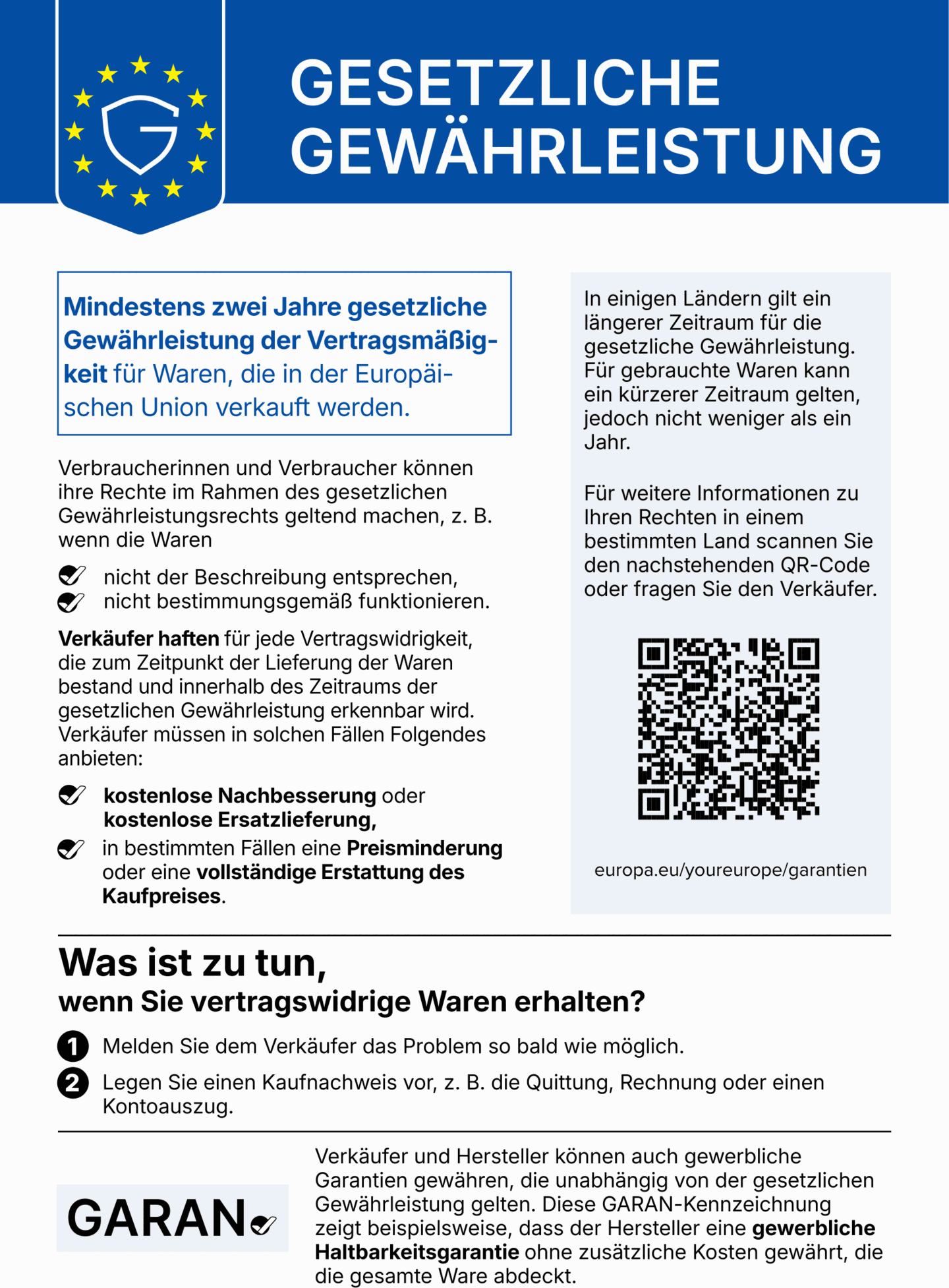 Der offizielle gesetzliche Gewährleistungshinweis, den Konforma auf jeder Produktseite einbindet